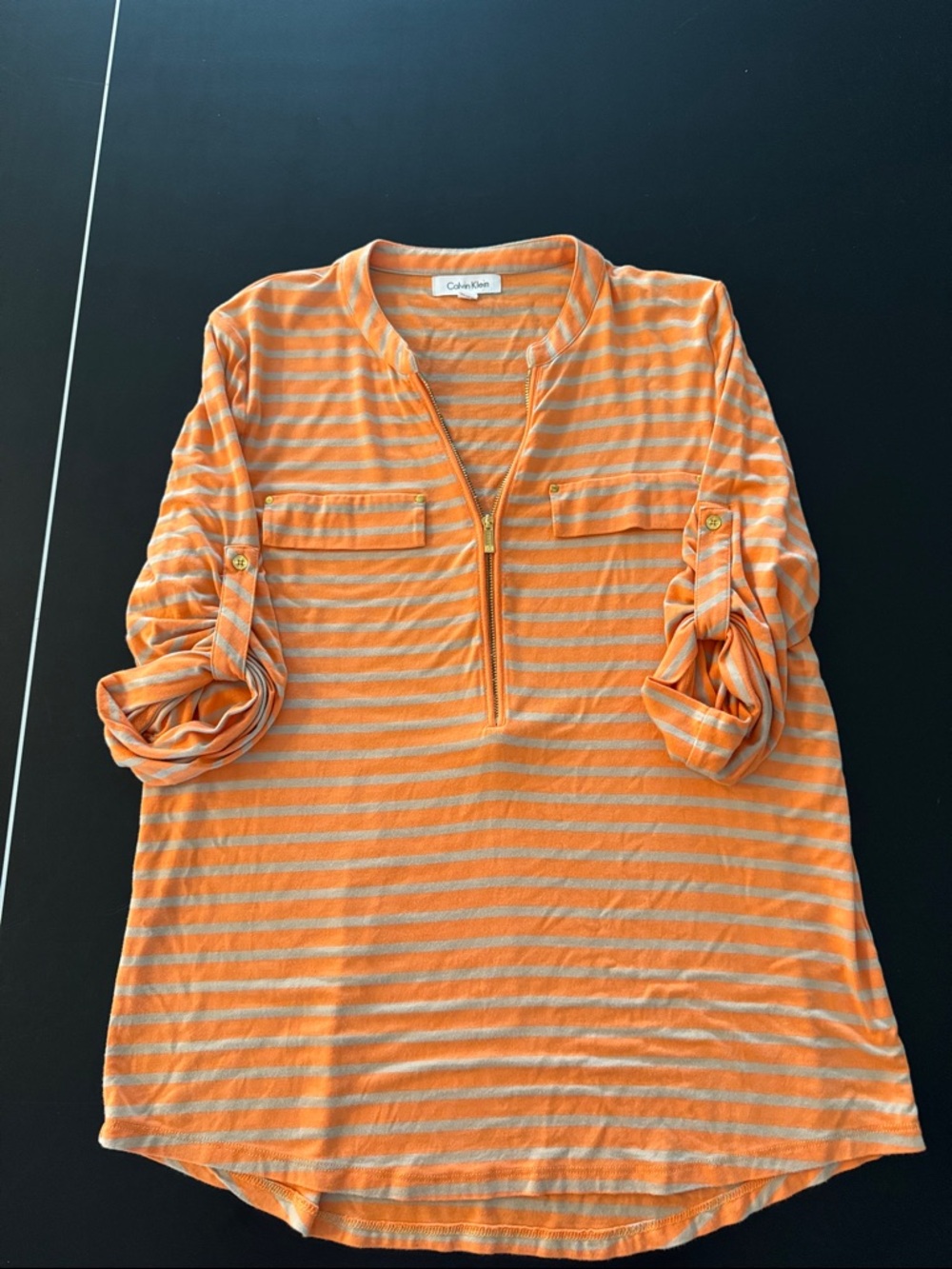 Calvin Klein Orange and Light Gray Striped Zip Pullover
